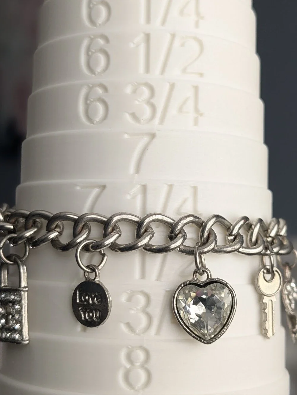 Silver Tone Charm Bracelet with Rhinestone Lock, Key & Heart Charms Adjustable